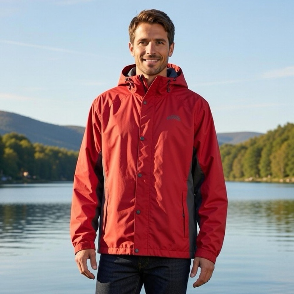 Natural Gear Red Grey Outdoor Raincoat Hooded Jacket Full Zip 3 Pockets Size L